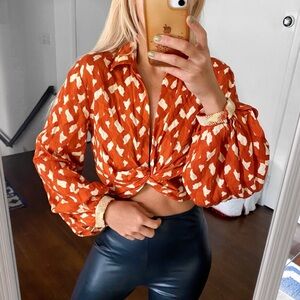 🧡 ZARA BOHO ORANGE LINEN BLEND TWIST FRONT BEADED LONG SLEEVE CROPPED TOP!